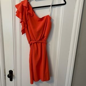 Coral one shoulder ruffle dress